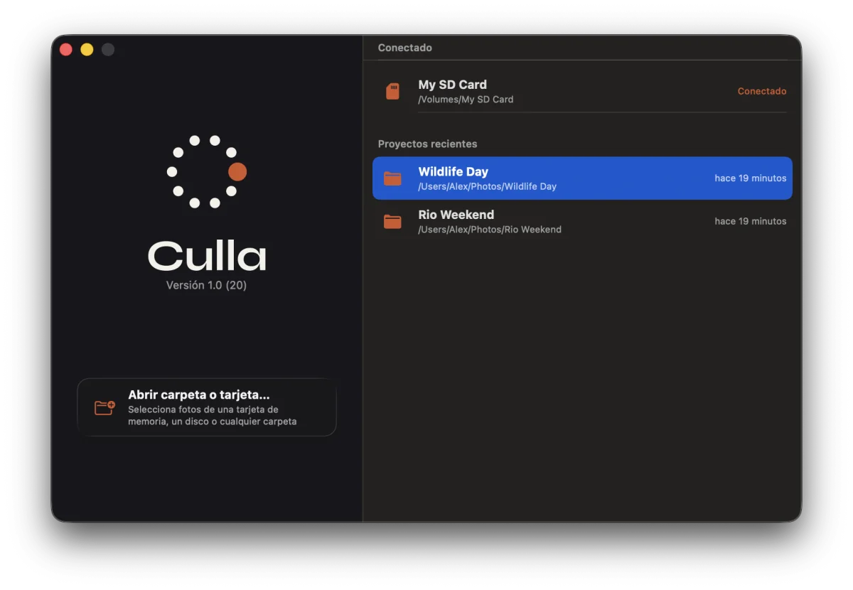 Ventana de bienvenida de Culla con una tarjeta SD conectada y una lista de proyectos recientes